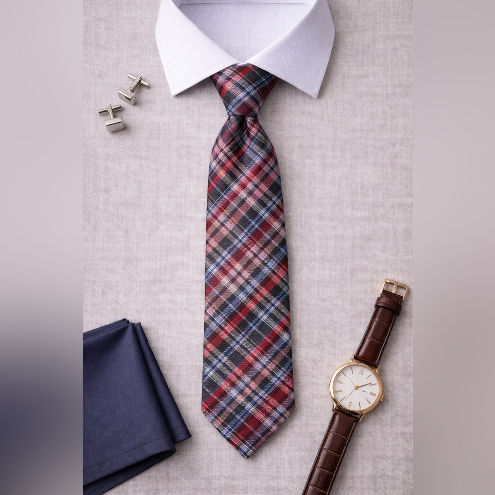 Mens Stafford Plaid Silk Tie Red Blue Gray Classic 3” Width Preppy Ivy Style